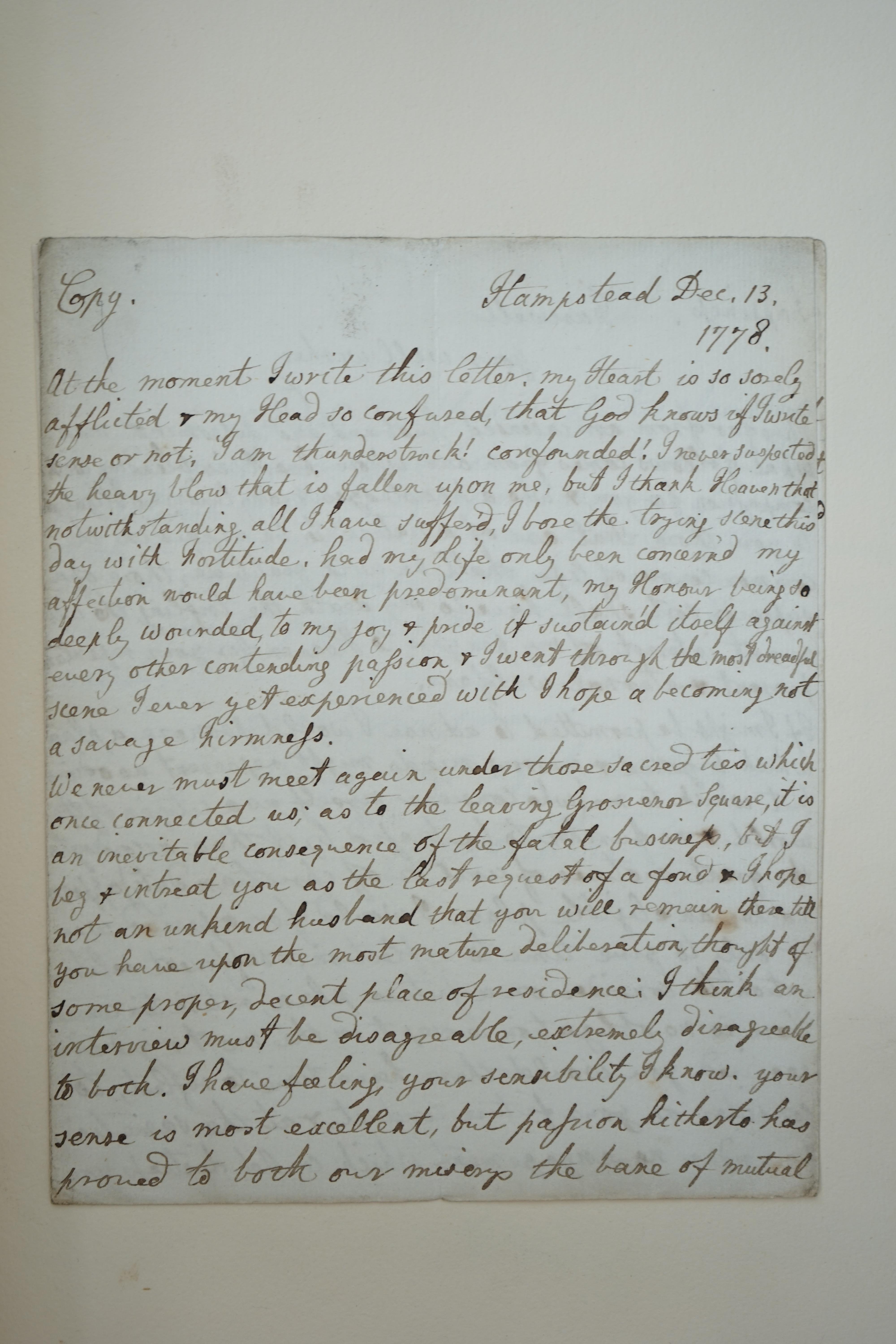 Francis Osborne (1751–1799), marquess of Carmarthen and subsequently duke of Leeds; volume containing copy letters to and from his wife Lady Amelia D’Arcy (1754–1784) and others, concerning their separation and divorce,